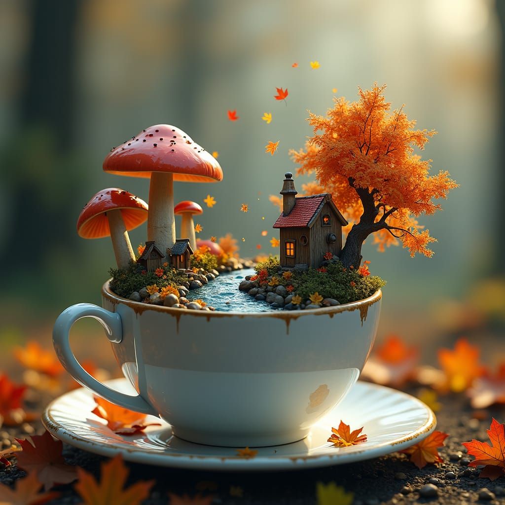 Fantasy Autumn World Inside Teacup: Digital Illustration