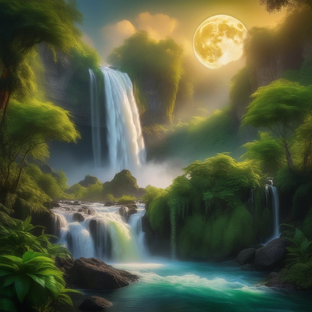 Waterfalls Flowing in Crescent Moon: Oil Painting