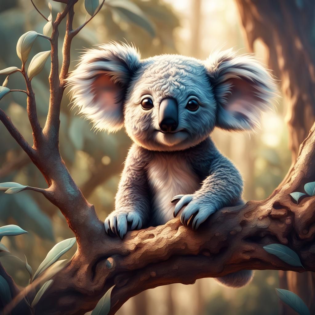 Cute Koala Climbing: Detailed Matte Painting