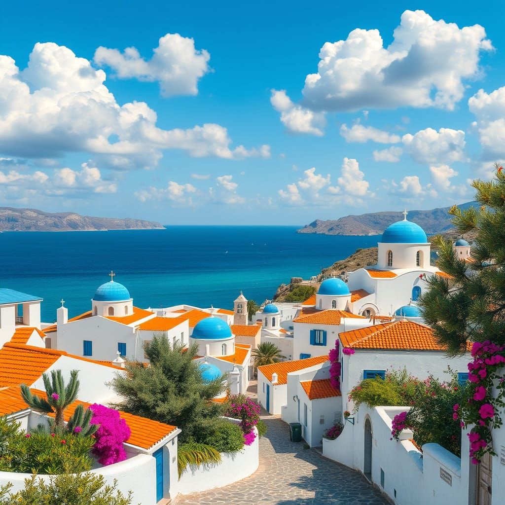 Greek Seaside Village in Dreamy Mediterranean Light