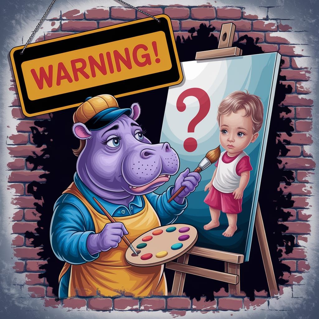 Worried Hippo Artist with Warning Sign, Fantasy Concept Art