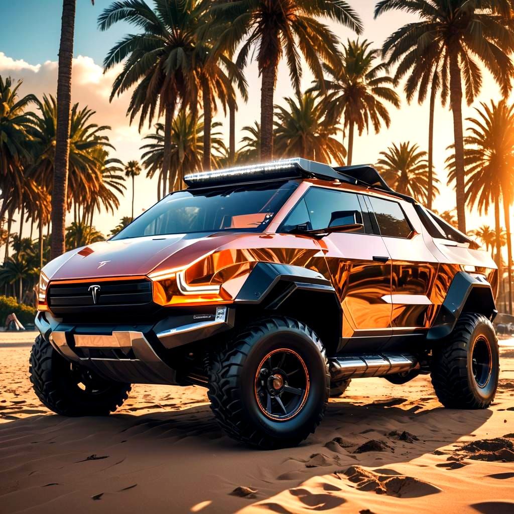 Chrome Tesla Cybertruck Monster Truck on Beach