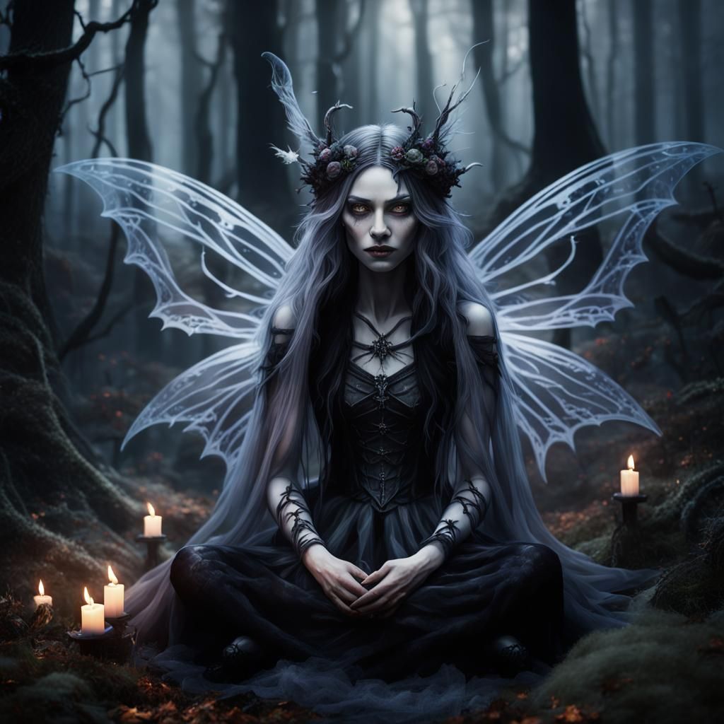 Dark Fairy Witch in a Misty Forest