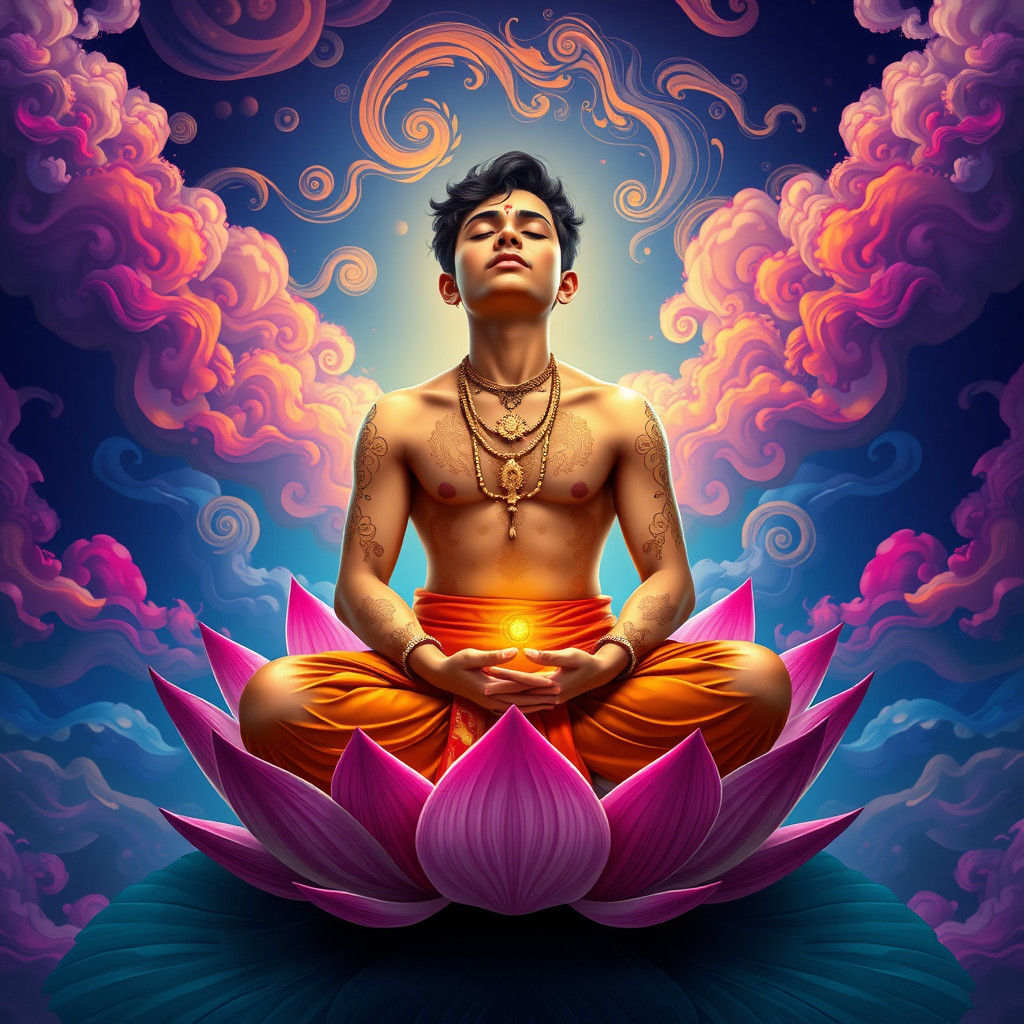 Meditative Indian Boy on Lotus Flower, Matte Painting