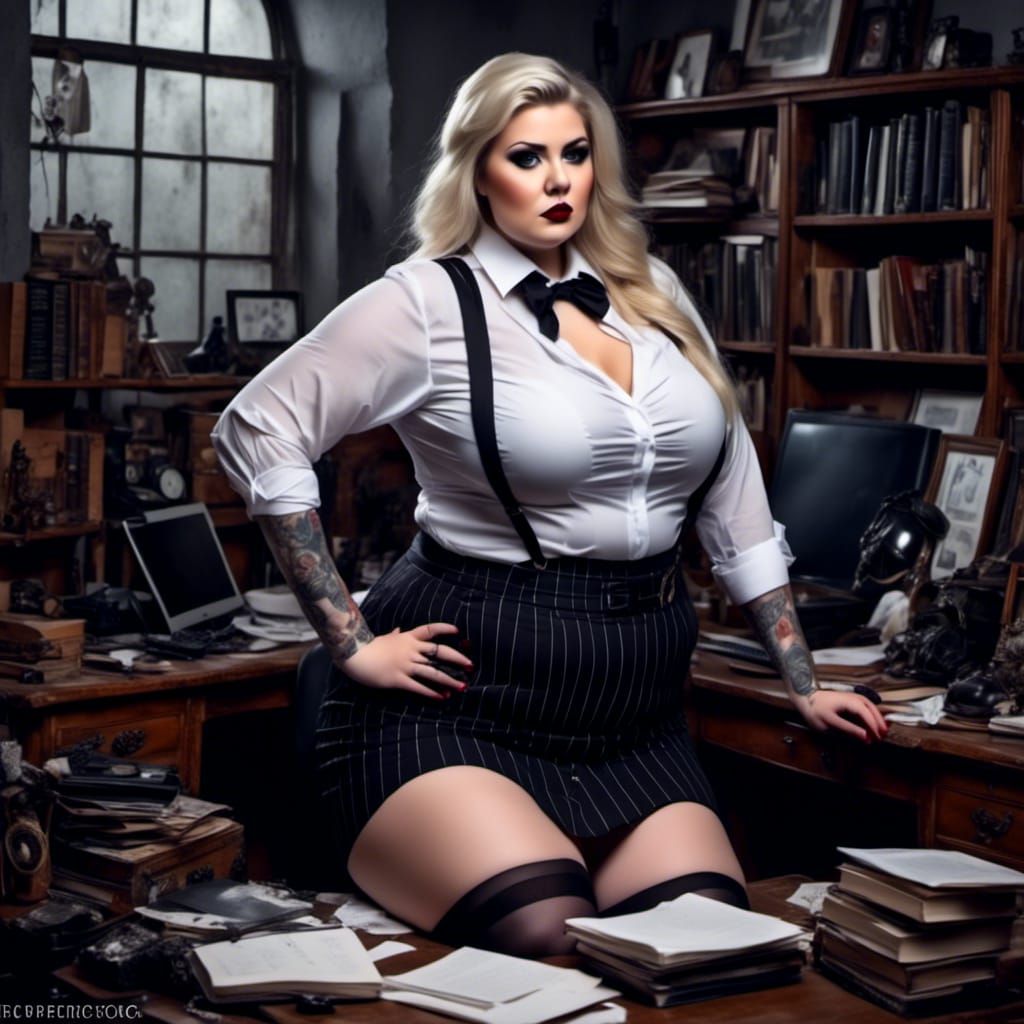 Curvy Blonde Woman in Gothic Style Office