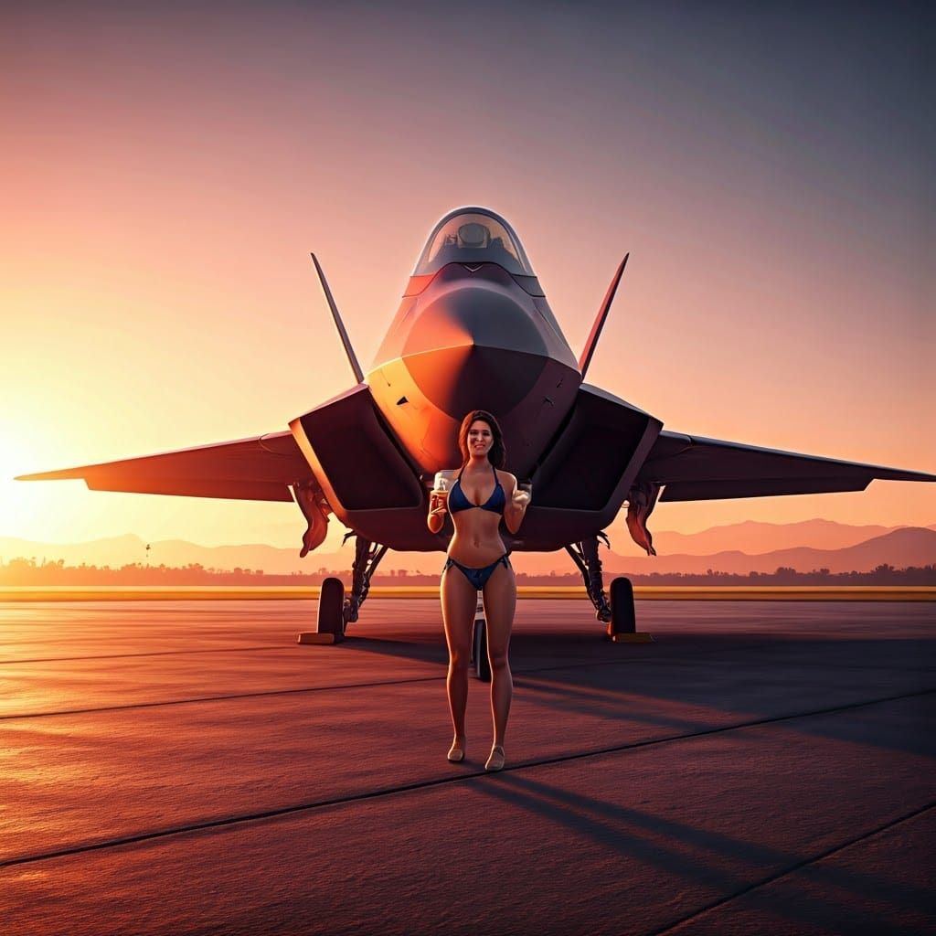 Confident Female Pilot in Pink F-22 Raptor Sunset