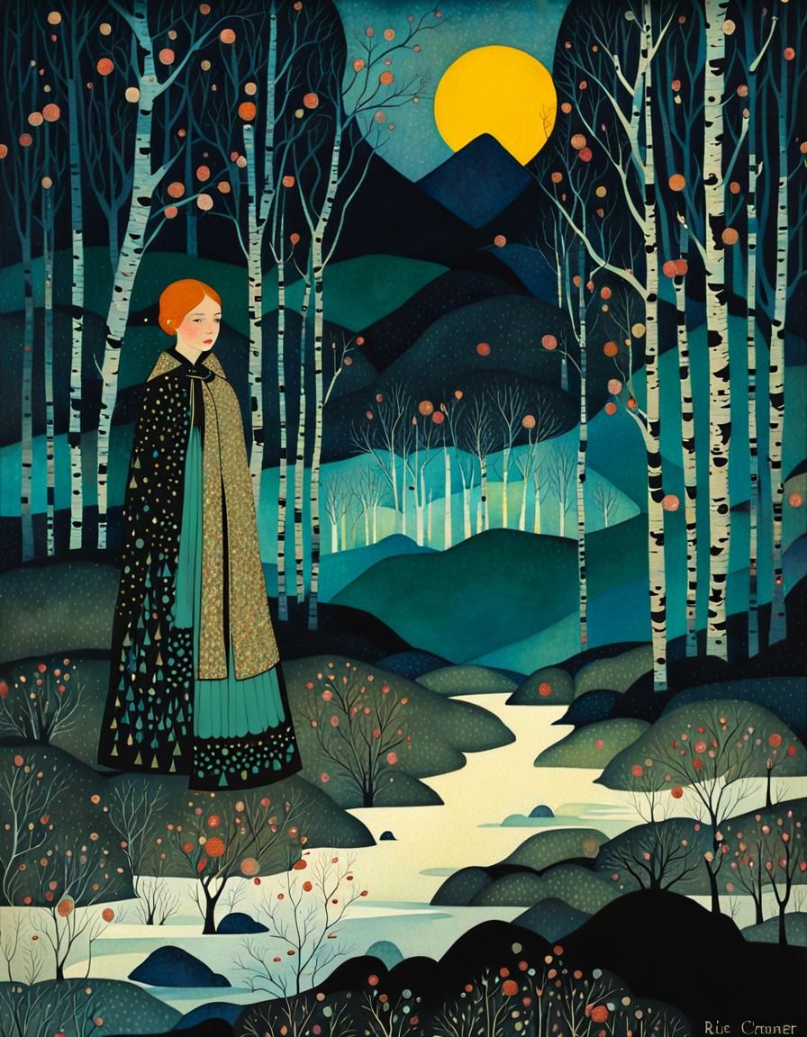 Girl in Birch Forest Art Illustration