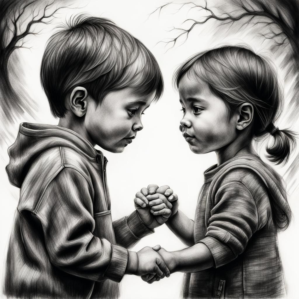 Intricate Charcoal Portrait of Siblings Holding Hands