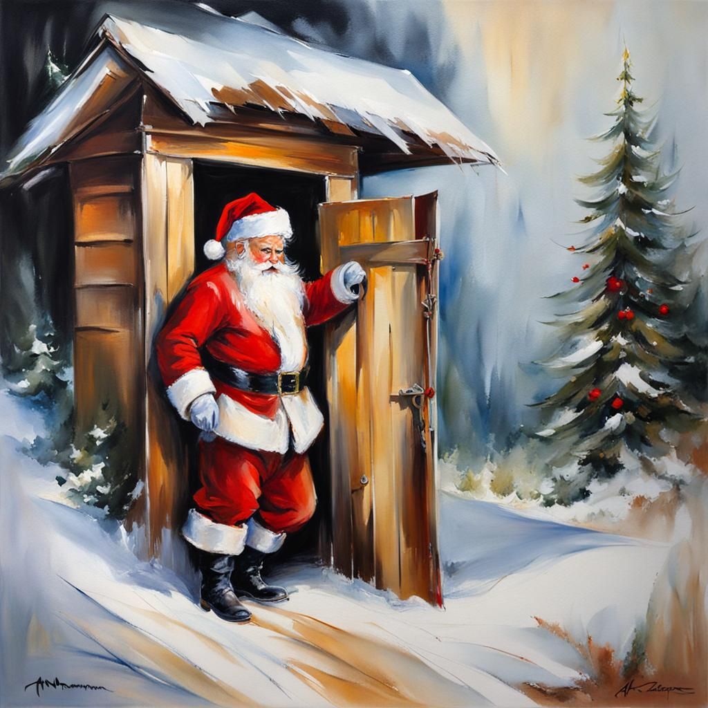 Santa's Outhouse Visit: An Acrylic Painting