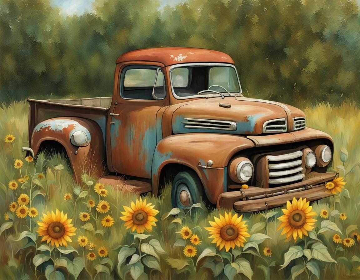 Gnome and Rusty Ford Pickup with Sunflowers