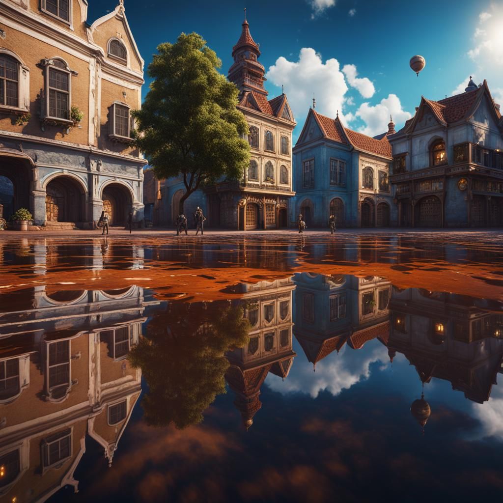 Town Reflected in Puddle: Detailed Matte Painting