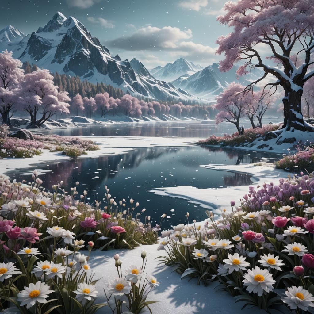 Frozen Lake Surrounded by Flowers in Winter Snow