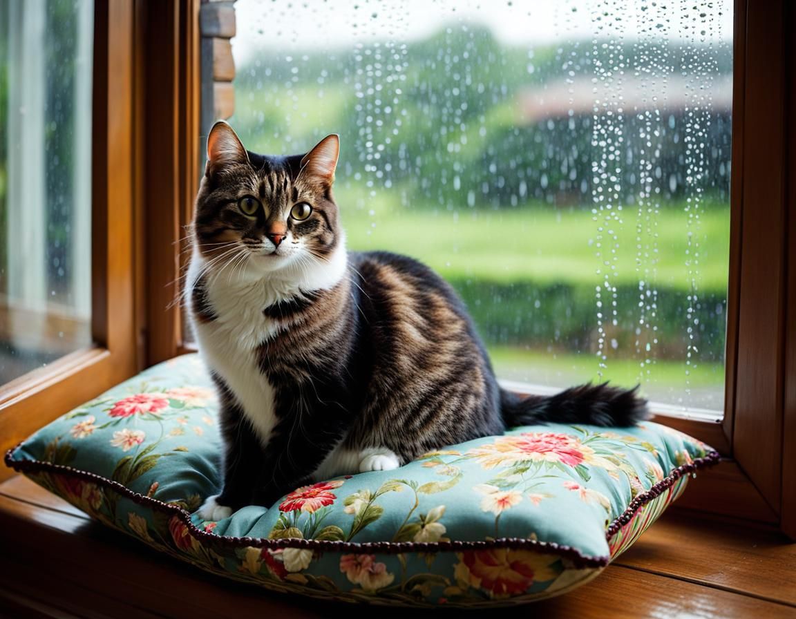 Smiling Cat Watching Rain from Cozy Window Seat