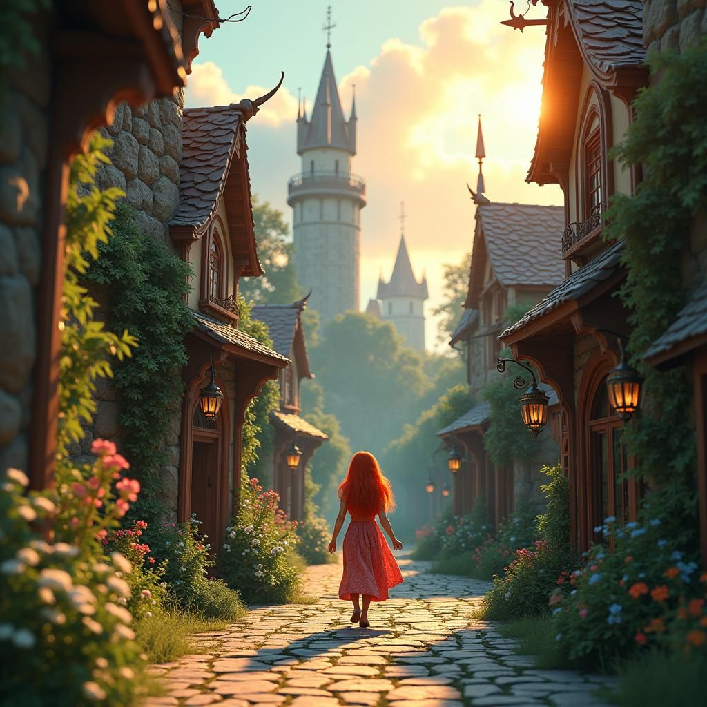 Redhead Girl Strolls Through Dreamlike Town