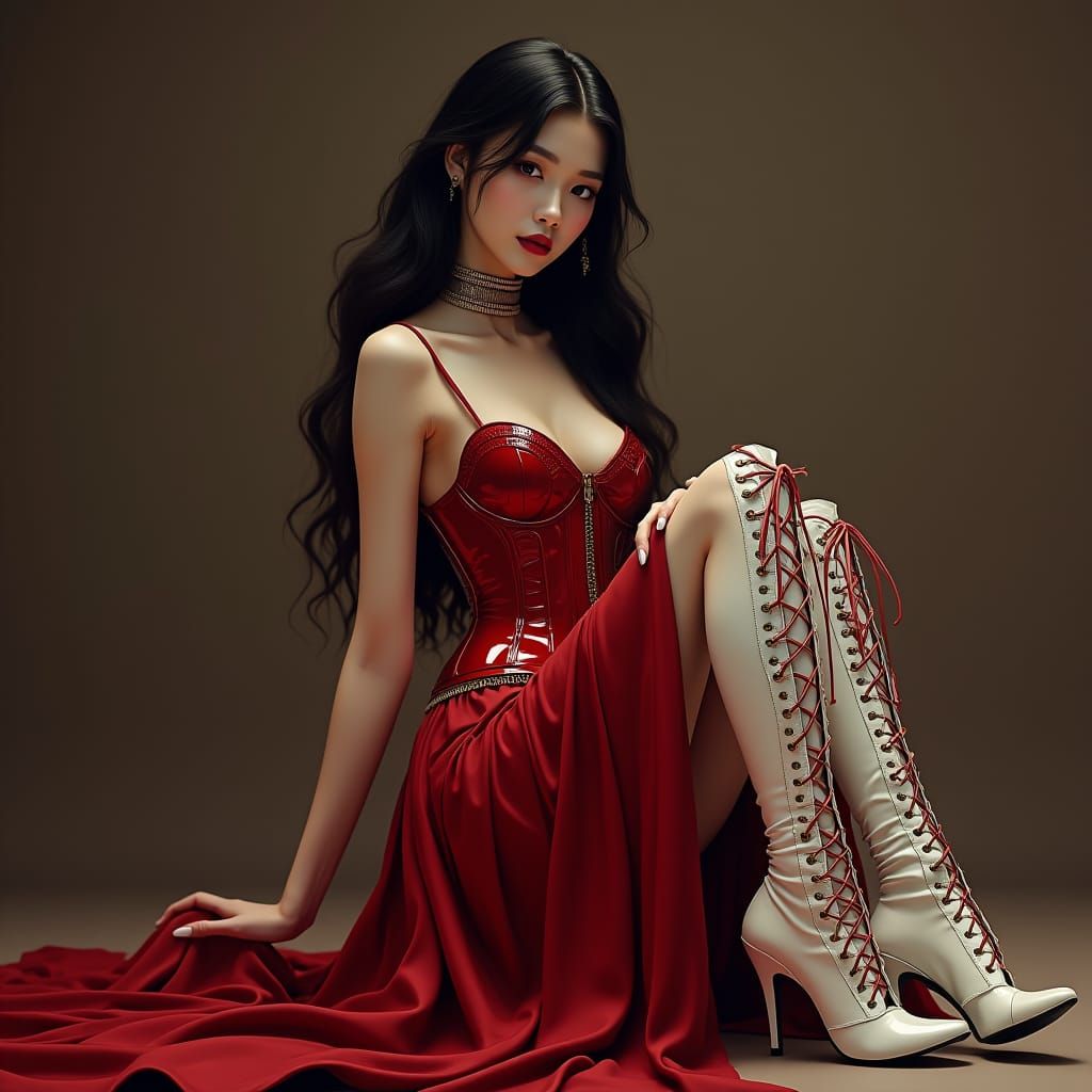 Victorian Woman in Crimson Corset and White Boots