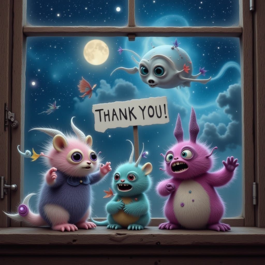 Teeny Monsters Spell 'Thank You!' on Starry Night Window Sil...