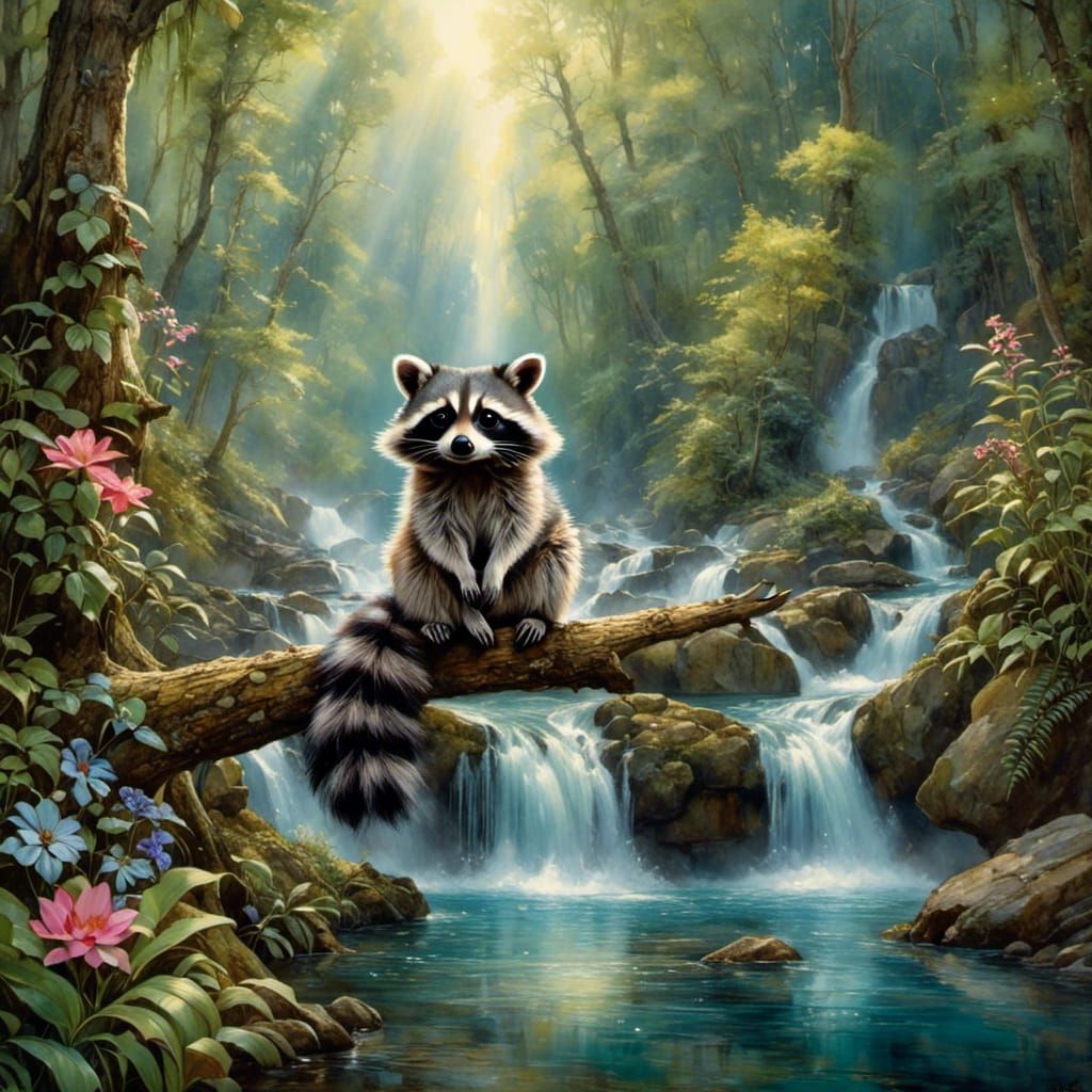 Fairy Raccoon with Gossamer Wings by Waterfall