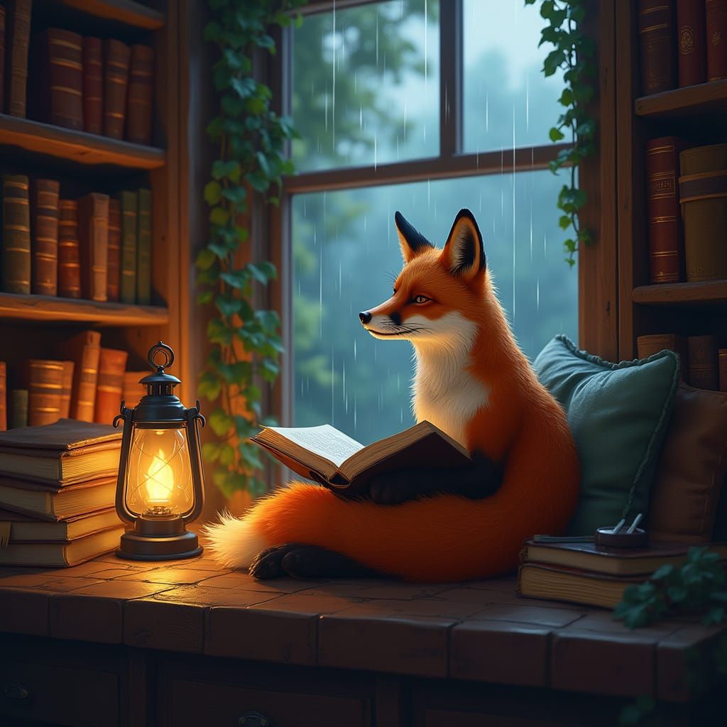 Fox in Cozy Library: Detailed Matte Painting