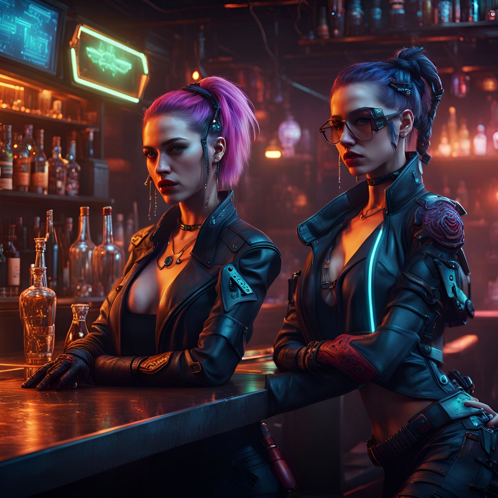 Cyberpunk Women at a Bar in Detailed Matte Painting
