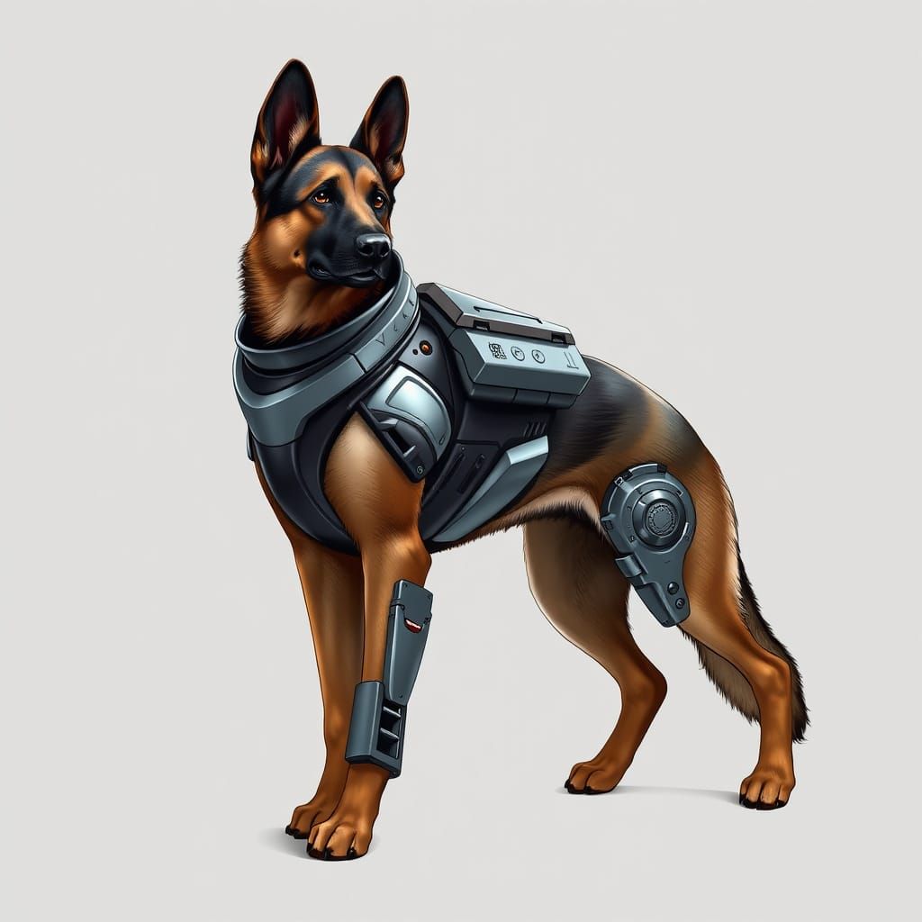 Armored Bionic German Shepherd in Comic Book Style