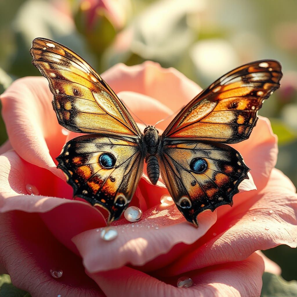 Butterfly Wing on Dewy Rose Leaf in 3D