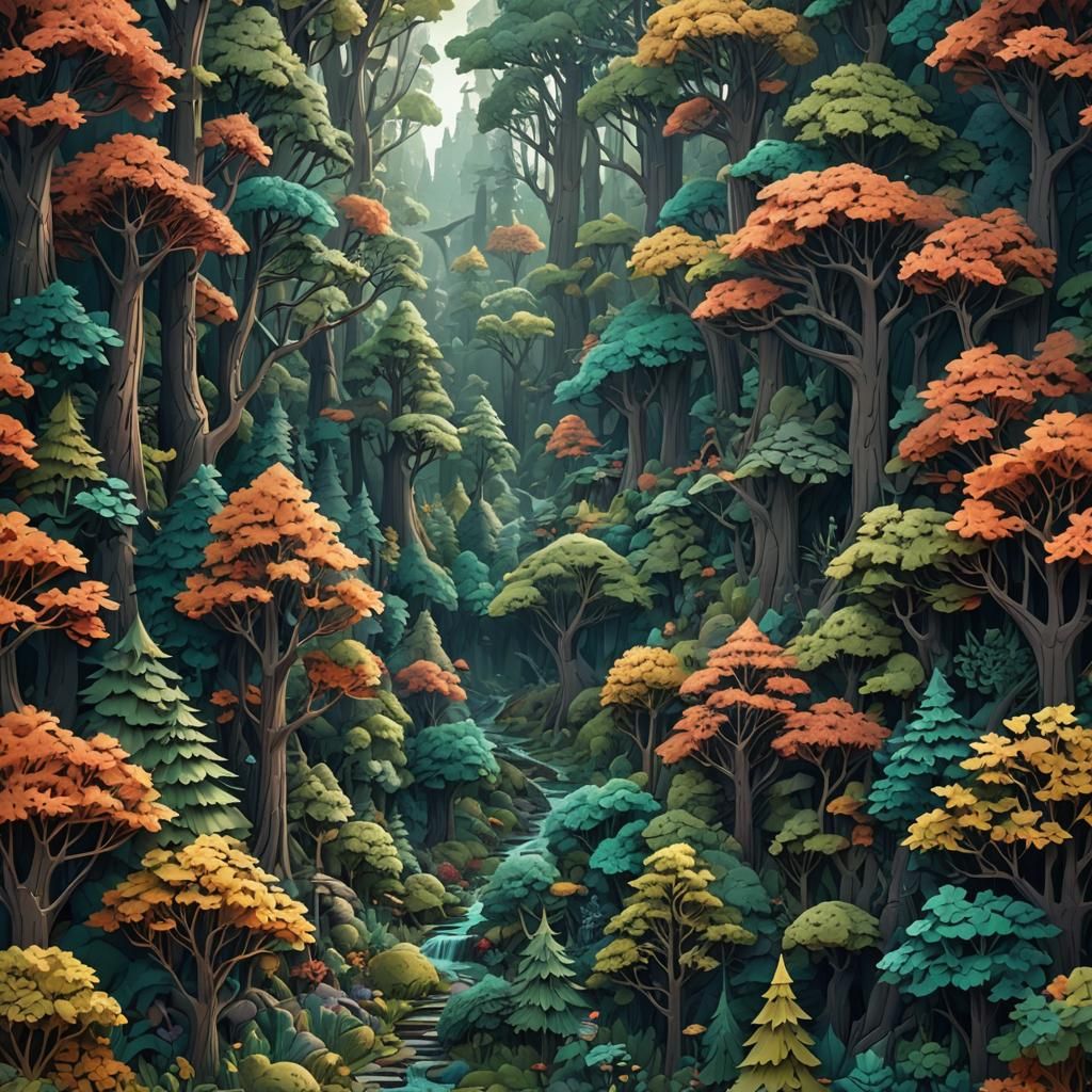 Papercut Style Forest in Detailed Matte Painting
