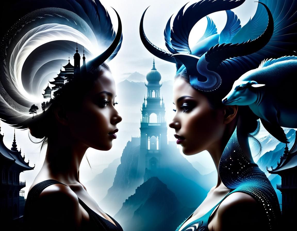 Surreal Double Exposure: Mythical Creatures and Imagination