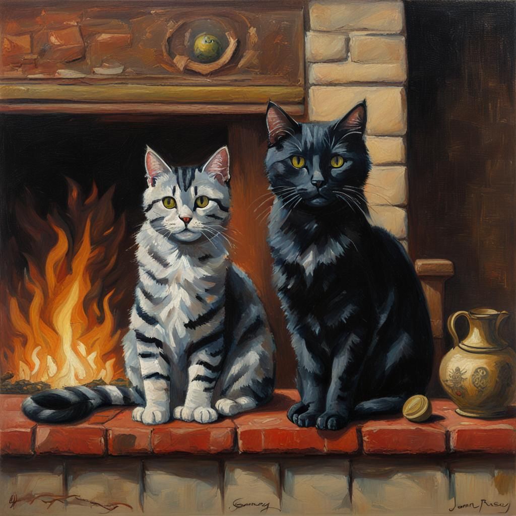 Cats Relaxing by Fireplace as Oil Painting