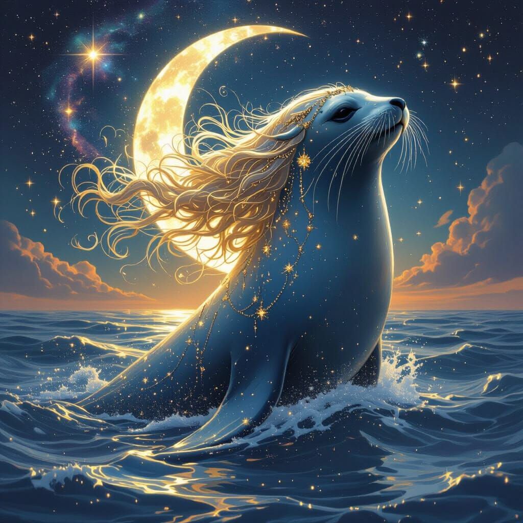 Celestial Selkie Ascends from Moonlit Ocean in Cosmic Art