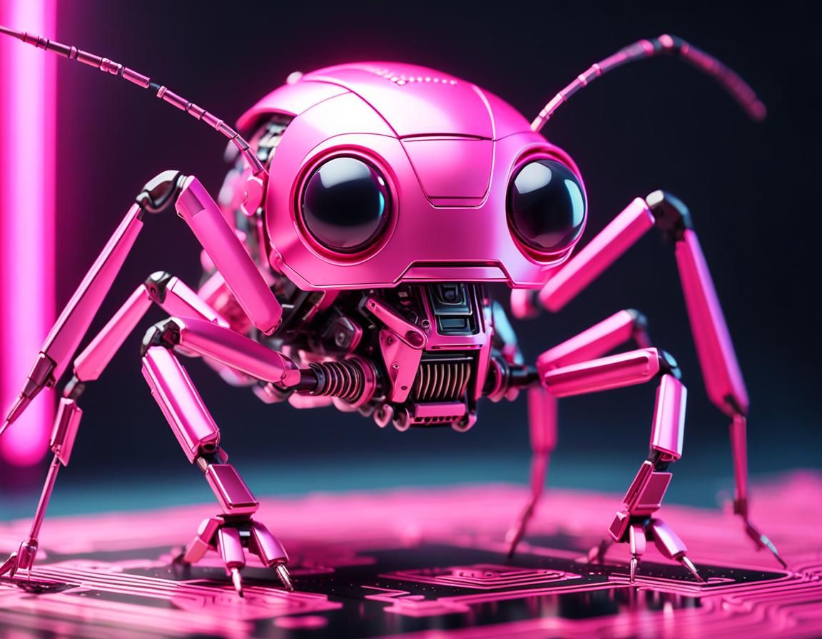Pink Cricket Robot on Circuit Board in Tilt-Shift