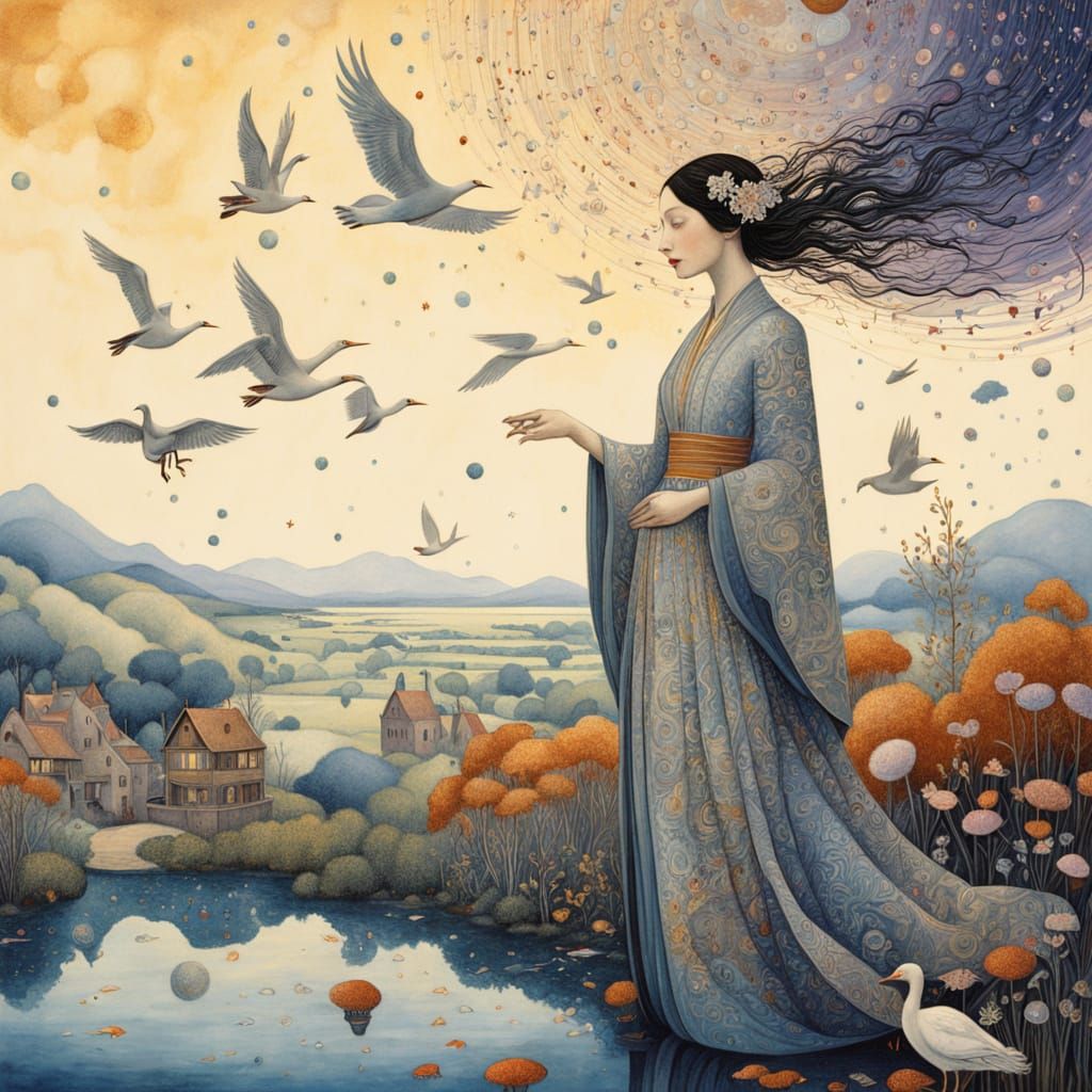 Ethereal Woman's Transformation into Birds in Cosmic Garden