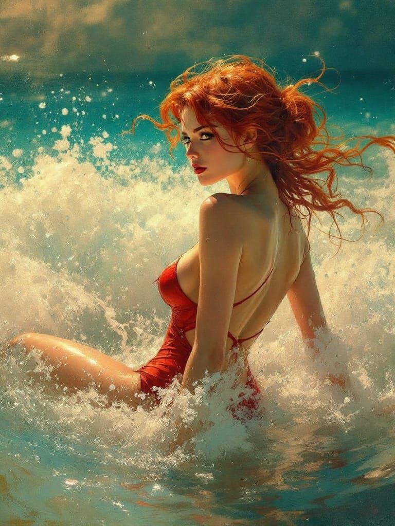 Redhead Lifeguard in Red Swimsuit on Tropical Beach