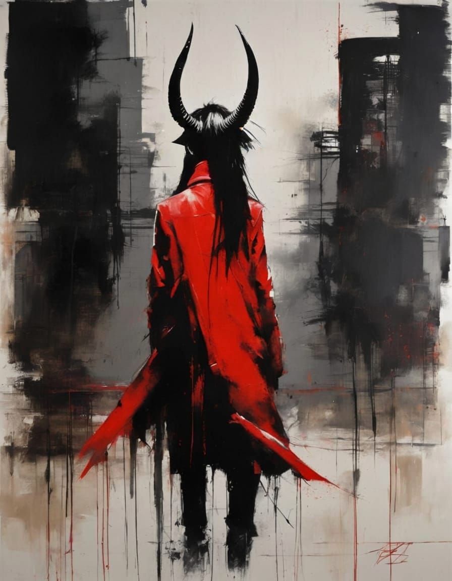 Demon Girl with Horns in Fiery Landscape