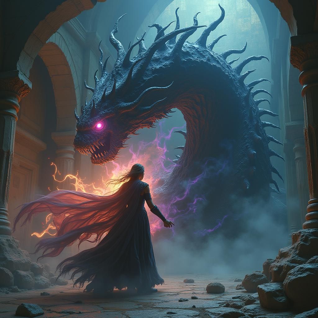 Dark Mage Battles Hydra in Mystical Realm