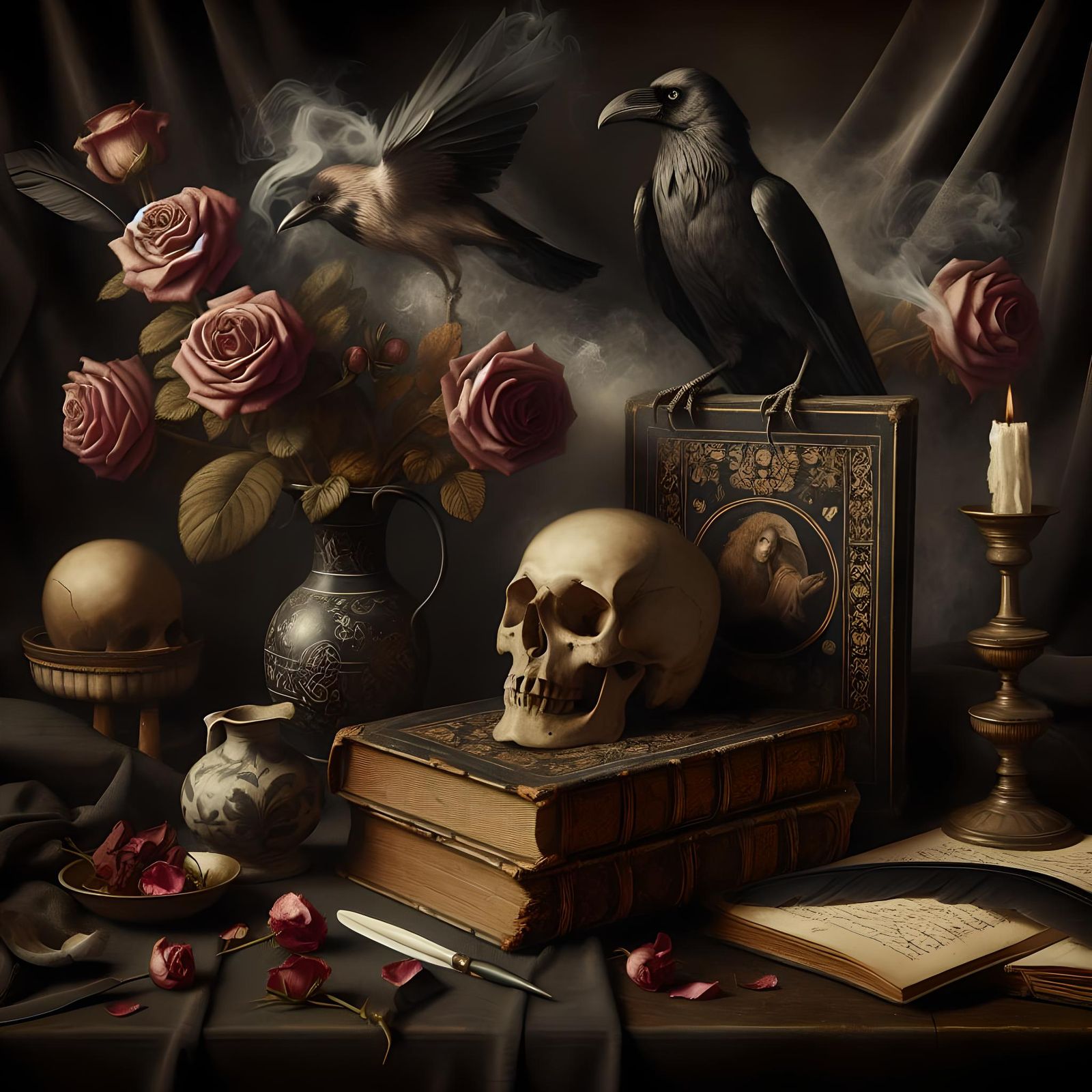 Gothic Baroque Still Life with Raven and Skull