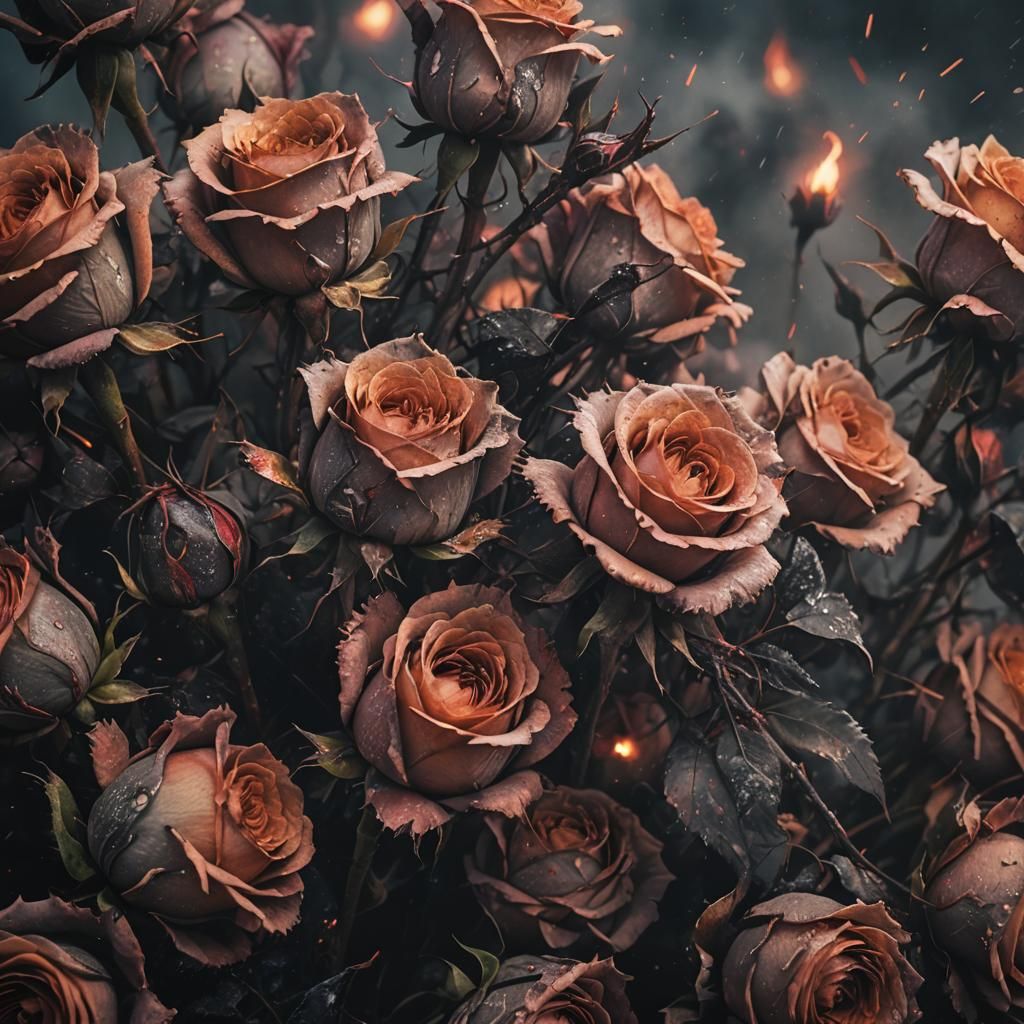 Mournful Roses in Ashes: A Dark Fantasy Illustration