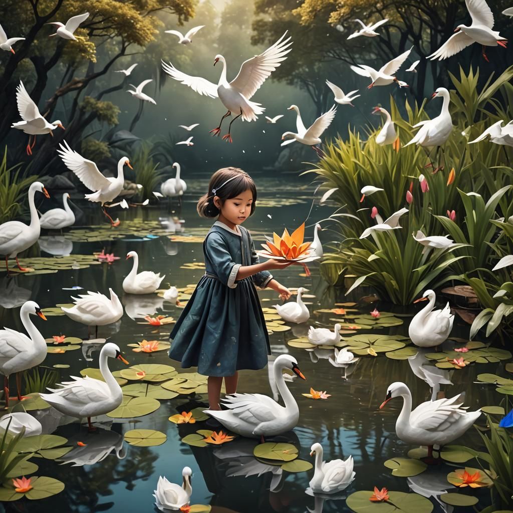 Girl Releases Origami Crane into Pond: Fantasy Art
