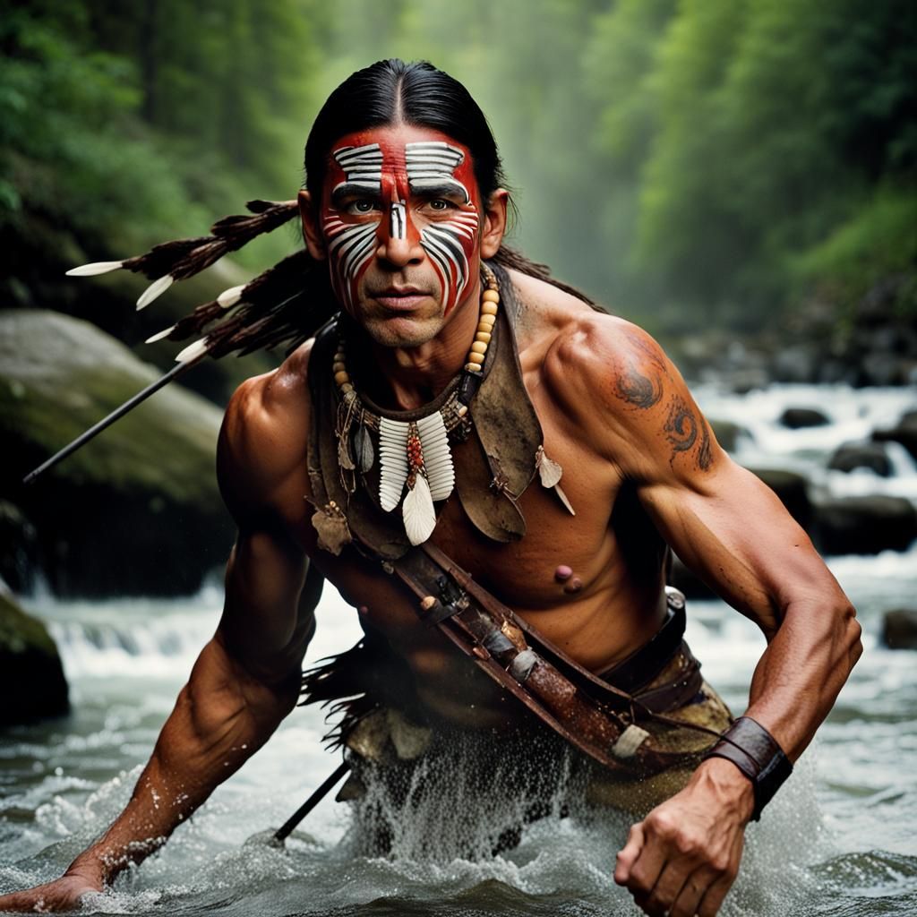 Cherokee Warrior Portrait in Rocky Stream