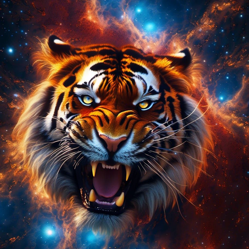 Epic Orange Tiger with Blue Eyes in Galaxy