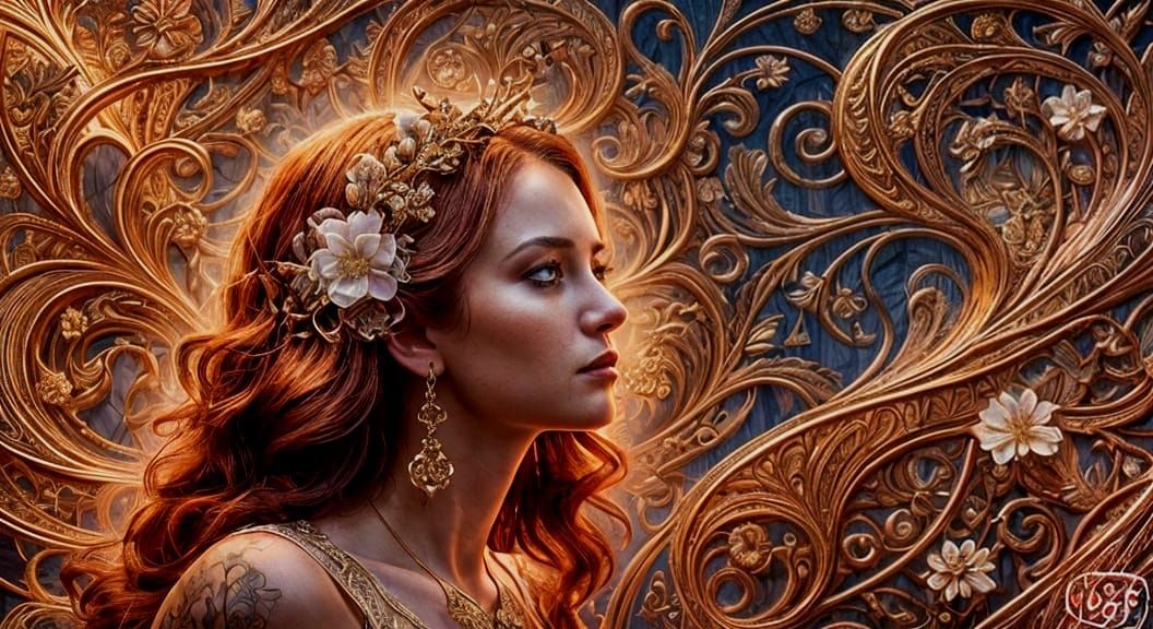 Surreal Art Deco Goddess in Swirling Rose Gold and Ruby Sple...