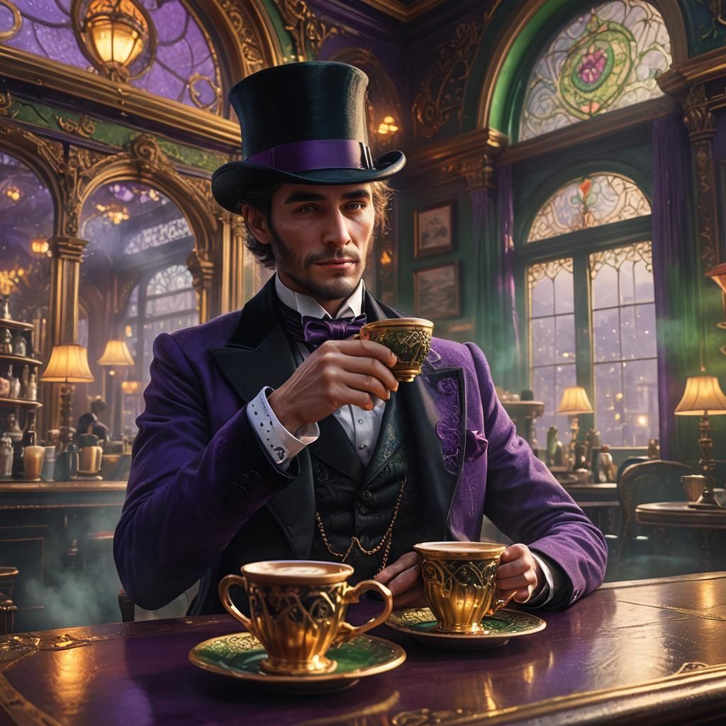 Victorian Man Drinking Coffee in Ornate Shop