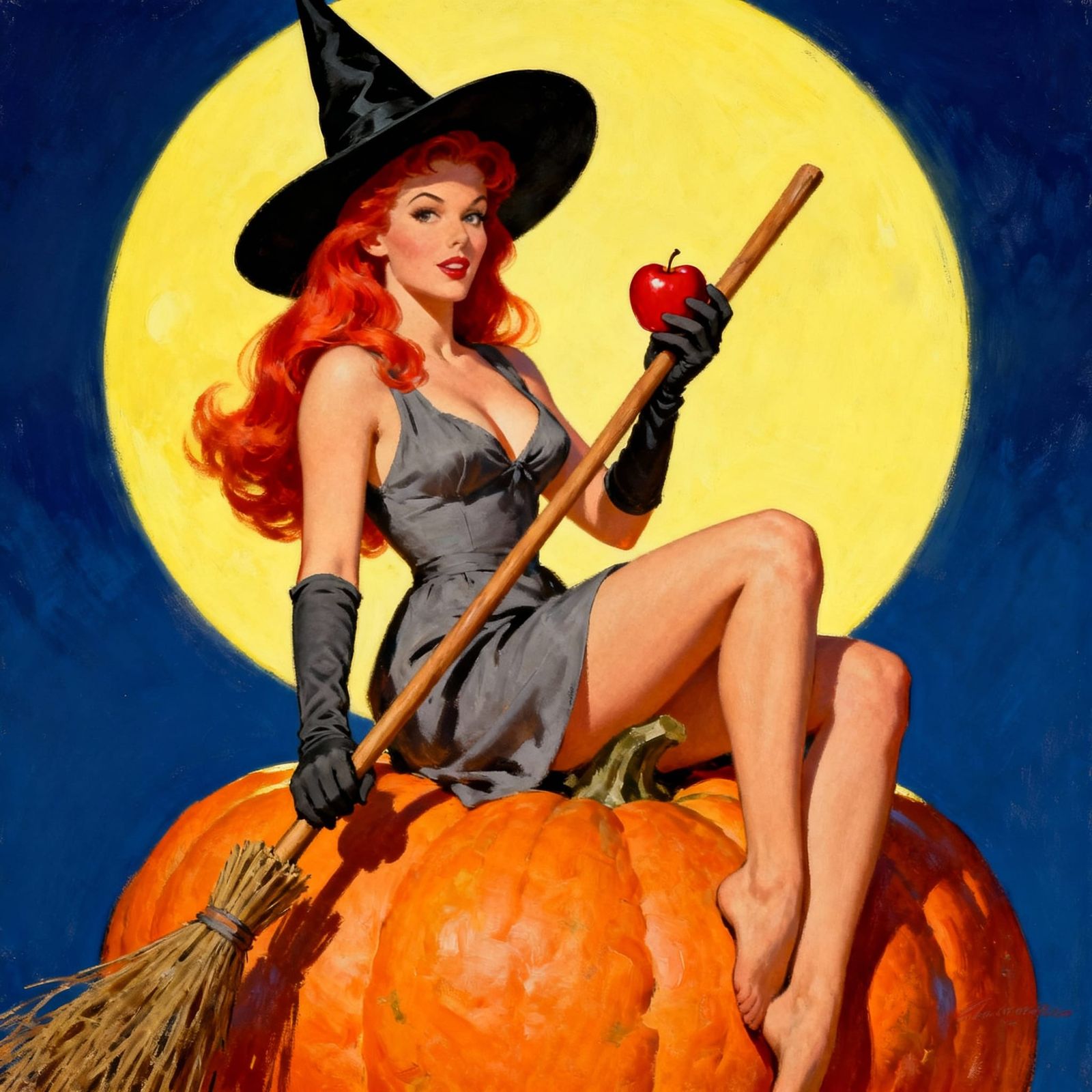 Pin-Up Witch Poses on Pumpkin with Broom
