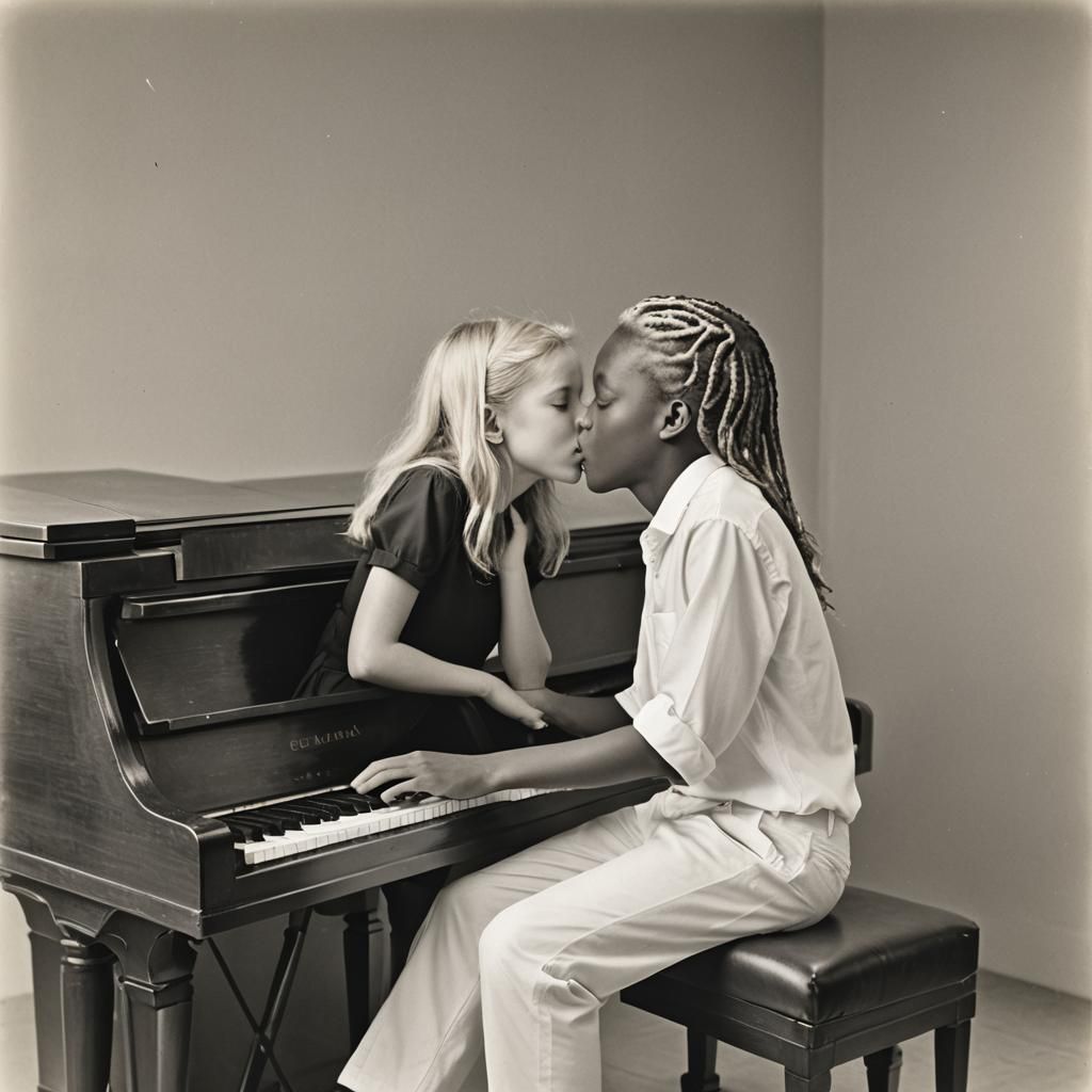Young piano-player and his daydream girl.