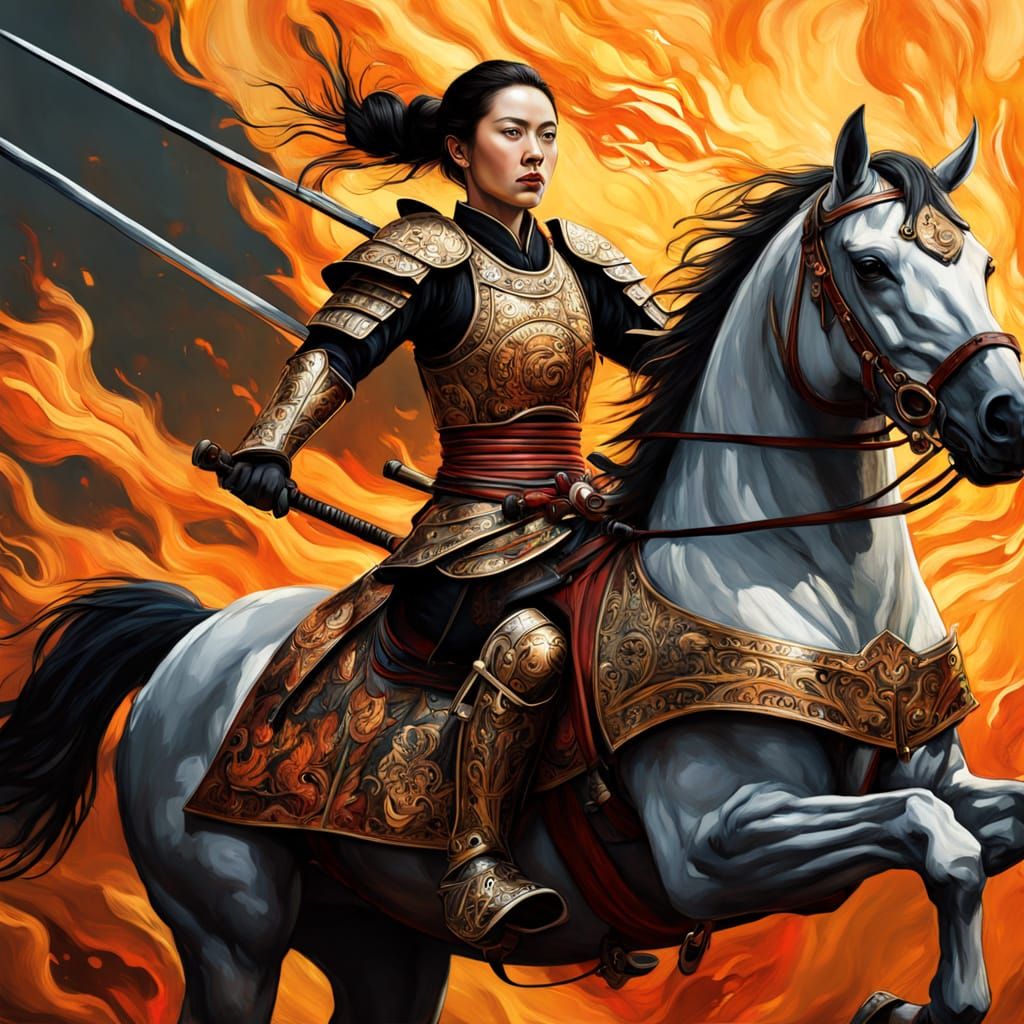 Female Samurai on Warhorse Digital Painting