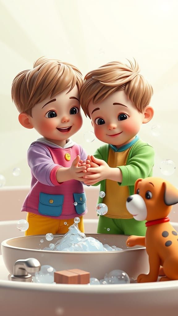 Children Washing Hands in Cartoon Storybook Style