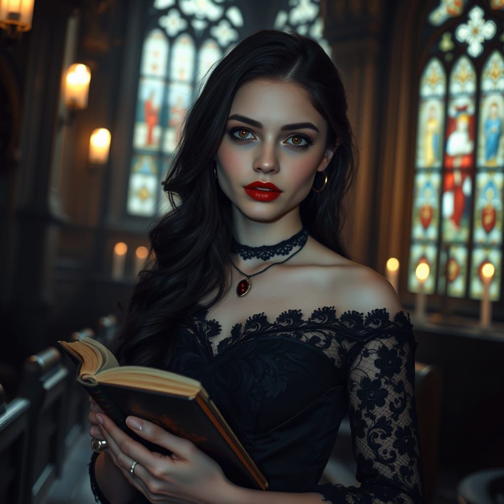 Gothic Vampire Maiden in Candlelit Cathedral