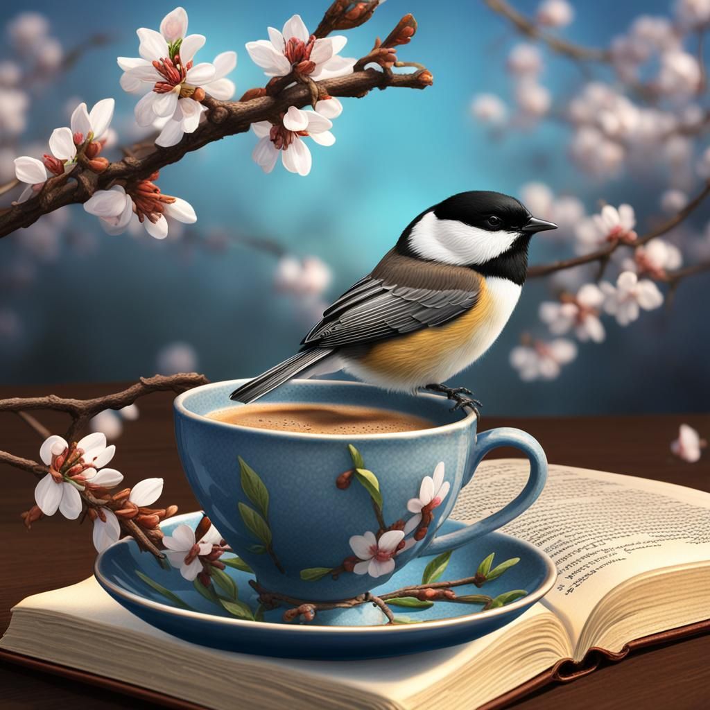 Chickadee with Coffee and Bible in Hyperrealistic Style