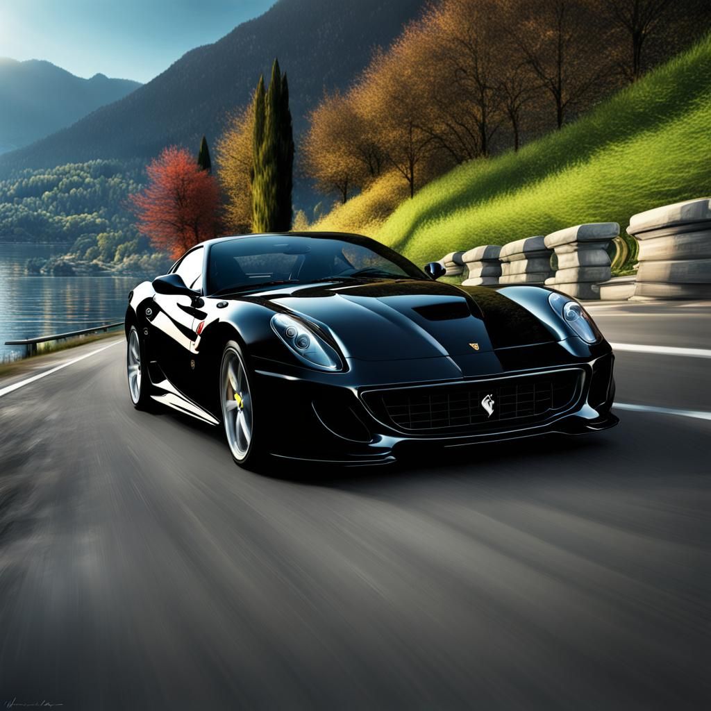 Black Ferrari 599 GTO on Lake Como: Hyperrealistic