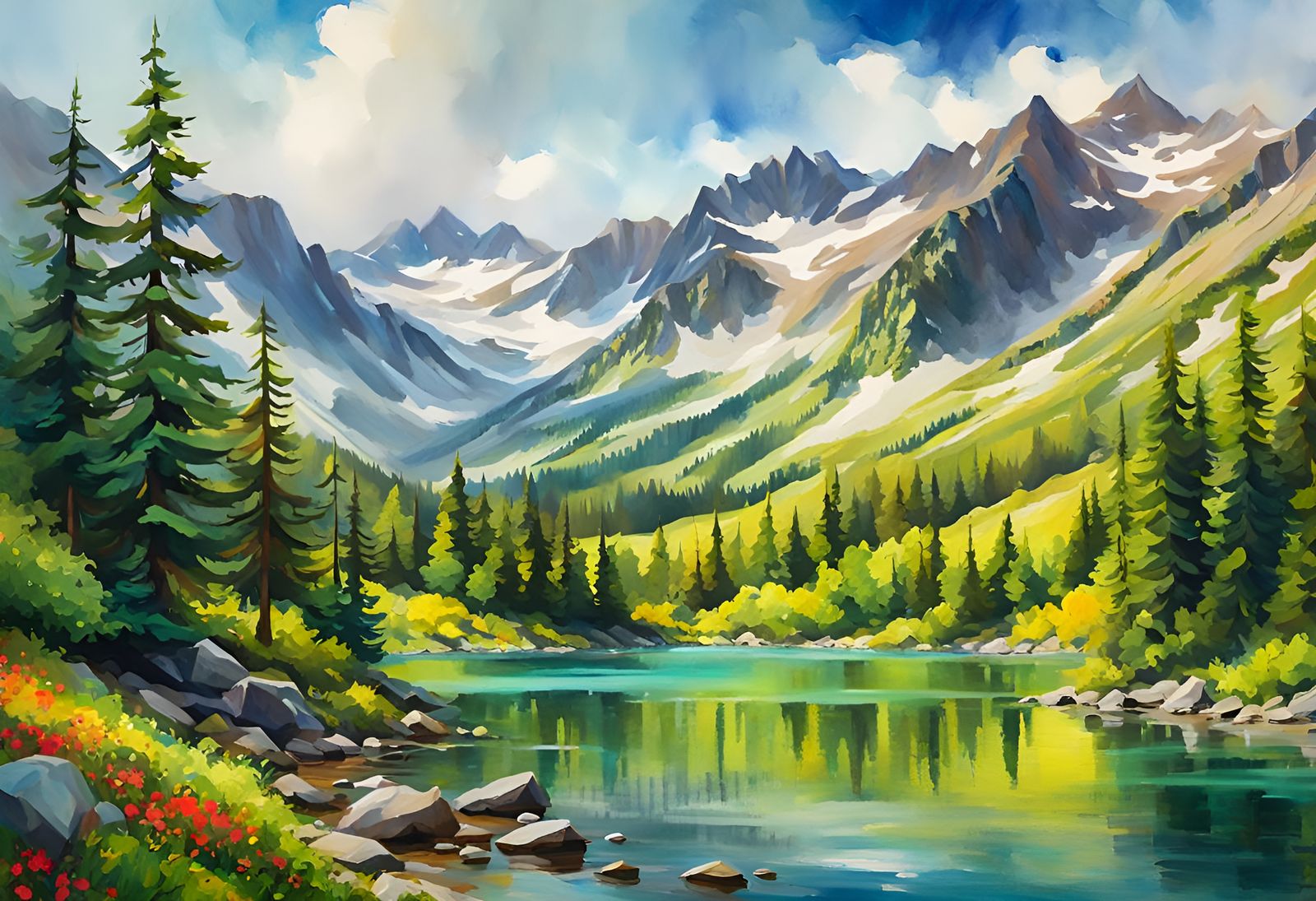 Majestic Mountain Lake: An Impressionist Gouache Masterpiece