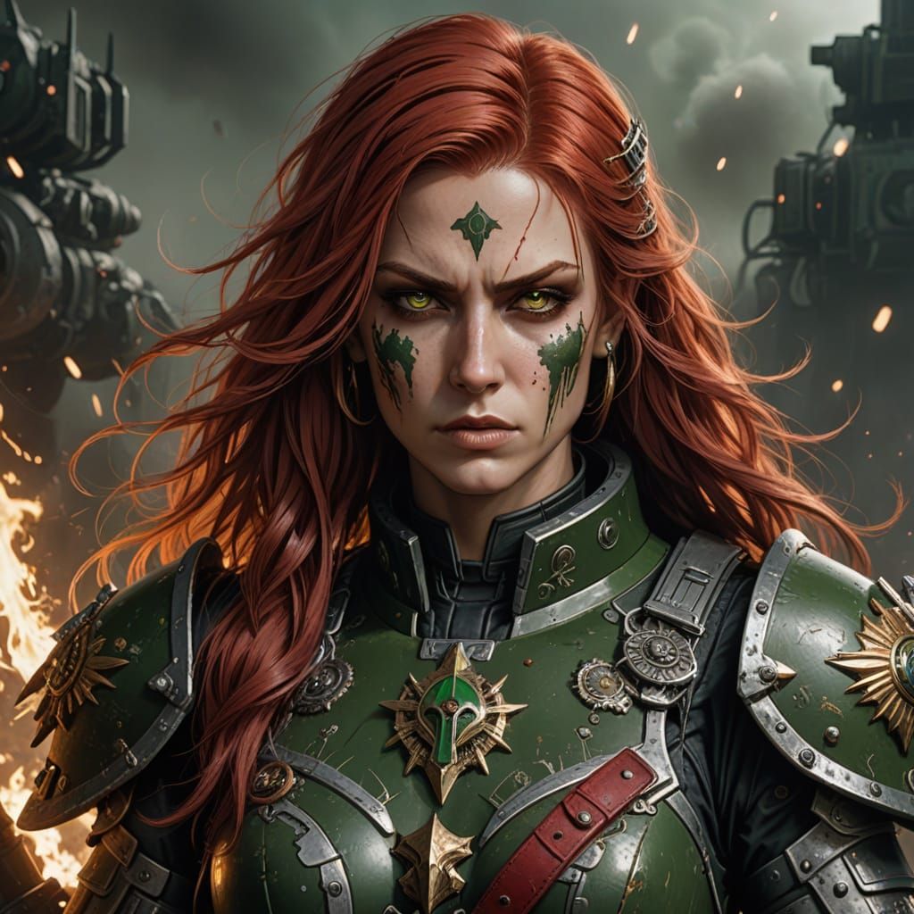 A hyper-detailed portrait of a fierce Warhammer 40K-style fe...